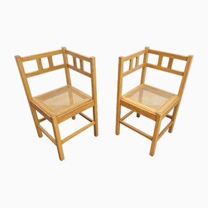 Dutch Brutalist Oak & Rattan Webbing Corner Chairs, 1960s, Set of 2