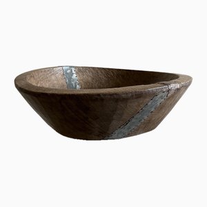 Carved Wooden Bowl with Metal Repairs, Asia, 19th Century