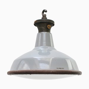 English Industrial Grey Enamel & Rounded Clear Glass Pendant Lamp