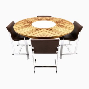 Mesa de comedor circular y sillas de cuero atribuidas a Richard Young para Merrow Associates, años 60. Juego de 5