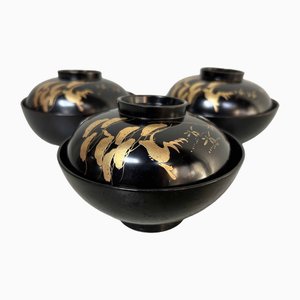 Urushi Maki-E Reisschalen, Japan, 1910er, 3er Set