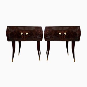 Mid-Century Bedside Tables in Rosewood and Maple with Pink Glass Tops, 1950, Italy, Set of 2