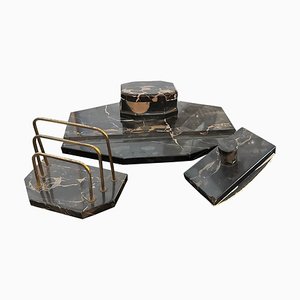 Set da scrivania Art Déco in marmo e ottone Portoro, Italia, anni '30, set di 3
