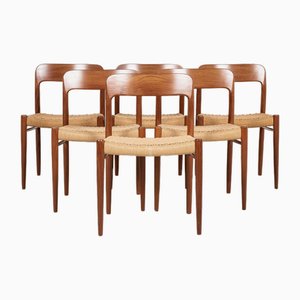 Mid-Century Danish Model 75 Chairs in Teak and Paper Cord attributed to Møller, Set of 6