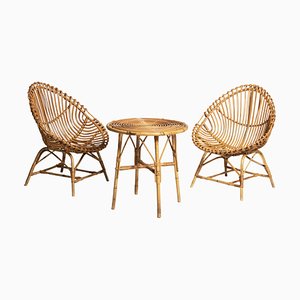 Wicker Armchairs and Coffee Table, Set of 3