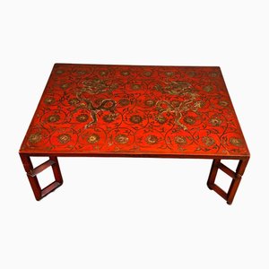 Large Red Lacquered Coffee Table with Golden Chinese Decorations, 1970s