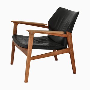 Danish Modern Lounge Chair in Patinated Oak & Black Leather attributed to Hans Olsen, 1950s