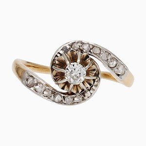 18 Karat Yellow Gold Diamond Platinum Swirl Ring, 1920s