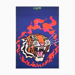 Poster Cyrk Circus Fire Tiger attribué à Tadeusz Jodlowski, Pologne, 1970