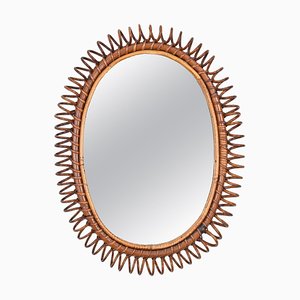 Mid-Century French Riviera Spiral Rattan and Bamboo Oval Mirror, Italy, 1960s