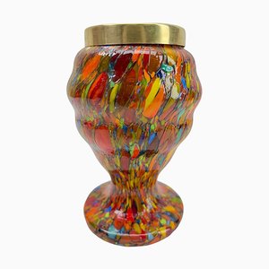 Kralik Pique Fleurs Vase, Mehrfarbiges Dekor mit Gitter, Ende 1930er