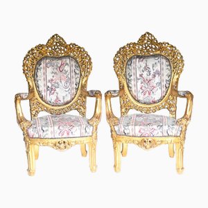 French Rococo Style Armchairs in Carved Gilt Wood, 1920s, Set of 2