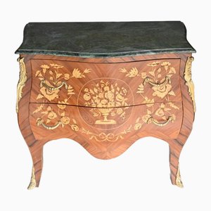 French Commode Bombe Chest Drawers in Marquetry Inlay
