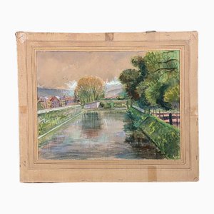Félix Labbé, Brive-La-Gaillarde Canal, 20th Century, Watercolor on Paper, Framed