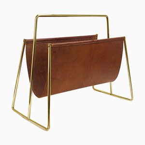 Large Magazine Rack in Brass & Brown Leather attributed to Carl Auböck, Austria, 1950s