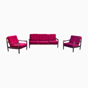 Set di divani in velluto rosso di Grete Jalk, Danimarca, anni '60, set di 3