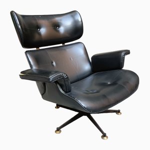 Vintage Armchair in Black Eco-Leather with Iron Legs and Brass, 1950s