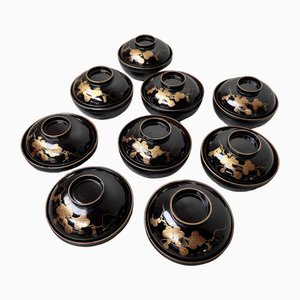 Urushi Maki-E Lidded Rice Bowls, Japan, 1920s, Set of 9