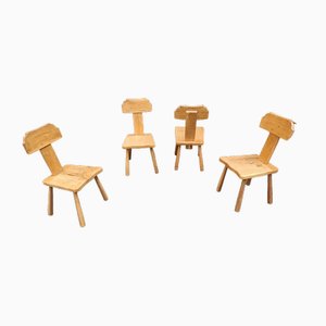 Brutalist Hand Carved Wooden Chairs, 1950s, Set of 4