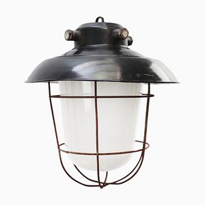 Vintage Industrial Black Enamel & Frosted Glass Pendant Light