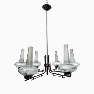 Mid-Century Italian 6-Arm Chandelier in Brass and Fume Glass, 1950s