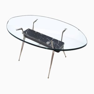 Vintage Oval Glass Coffee Table with Portoro Marble and Iron Base, Italy, 1950s