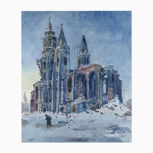 Richard Herda-Vogel, Heilbronner Kirche St. Kilian als Kriegsruine im Winter, 1945, Aquarell, gerahmt
