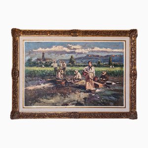 Post-Impressionist Artist, Harvesting the Crop, Large Oil Painting, Framed