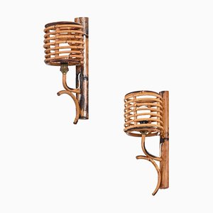 Mid-Century Rattan Lantern Sconces by Louis Sognot, France, 1960s, Set of 2