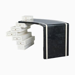 Writing Desk in Black and White Stone Veneer with Brass Inlays, 1970s