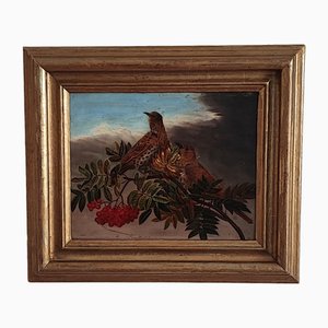 C.B. Hjortdal, Couple d'Oiseaux sur une Branche Fruitée, Oil on Wood, Framed