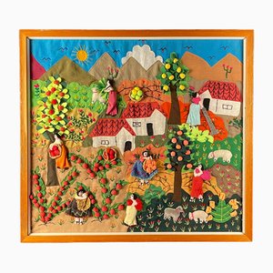 Naive Art Patchwork Art Depicting Apple Picking, 1980s