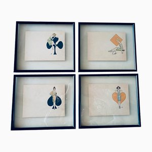 Art Deco Ladies in Front of Playing Card Motifs, 1919, Lithographs, Set of 4