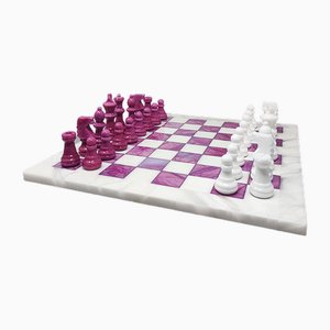 Pink and White Chess Set in Volterra Alabaster, Italy, 1970s, Set of 33