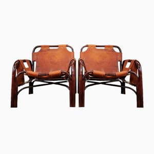 Leather Armchairs and Bamboo attributed to Tito Agnoli for Bonacina, 1970s, Set of 2