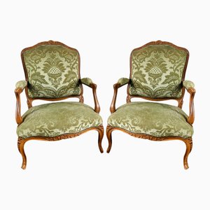 Butacas francesas reina Luis XV de tapicería de terciopelo verde, década de 1860. Juego de 2