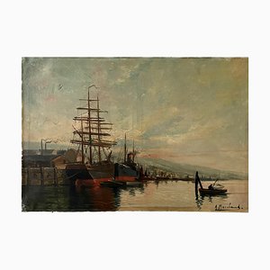 Marchand, Bateaux au port, década de 1800, óleo sobre lienzo