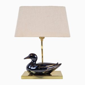 Hollywood Regency Duck Table Lamp in Ceramic and Brass, 1970s