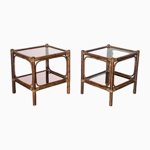 Mesas de bambú y vidrio, años 70. Juego de 2
