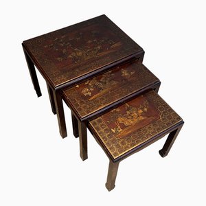 Lacquered Nesting Tables with Chinese Details, 1940s, Set of 3