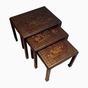 Tables Gigognes Laquées avec Détails Chinois, 1940s, Set de 3