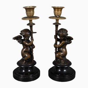 Napoleon III Candlesticks Decorated with 19th Century Putti in Bronze, Set of 2