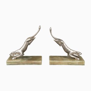 Sujetalibros Panther Art Déco de bronce plateado sobre ónice, años 30. Juego de 2