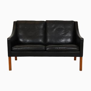 Model 2208 2-Seater Sofa in Patinated Black Leather by Børge Mogensen, 1980s