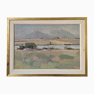 Pastel Fields, 1950s, Huile sur Panneau, Encadré