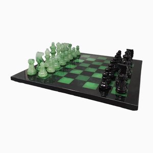 Handmade Black & Green Chess Set in Volterra Alabaster from Christofle, Italy, 1970s, Set of 33
