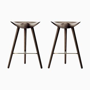 Brown Oak and Brass Counter Stools by Lassen, Set of 2