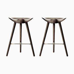 Set of Brown Oak and Brass Counter Stools by Lassen