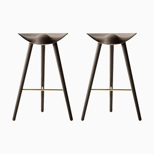 Brown Oak and Brass Bar Stools by Lassen, Set of 2