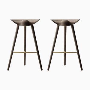 Tabourets de Bar en Chêne Marron et Laiton par Lassen, Set de 2